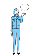 ふきだしつき、案内をする作業着を着た女性のシンプルな線画イラスト
