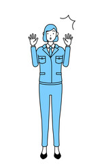驚いて手を上げる作業着を着た女性のシンプルな線画イラスト