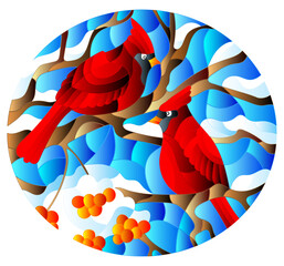 An illustration in the style of a stained glass window with bright cardinal birds on snow-covered tree branches, oval image