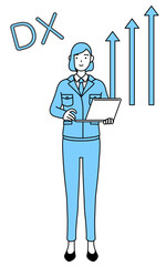 DX化のイメージ、業務改善に成功した作業着を着た女性のシンプルな線画イラスト