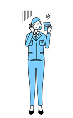 預金通帳を見て落ち込む作業着を着た女性のシンプルな線画イラスト