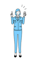 スマホのセキュリティ対策をする作業着を着た女性のシンプルな線画イラスト