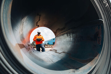 Engineer one worker man inspection on hole rolls of metal carbon steel sheets outside the factory