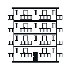 Obraz premium Vector icon of an apartment building with balconies. Illustration of urban architecture black on white.