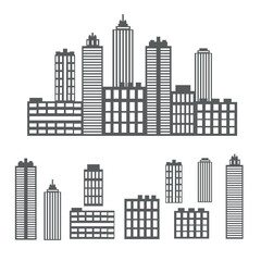 Obraz premium Vector set of icons from the silhouette of a big city and individual houses and skyscrapers black on a white background for creating a design of maps and Internet pages