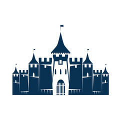 Obraz premium Icon of an old fairy tale medieval castle with towers, windows and gates. Vector icon isolated on white background. Silhouette of ancient architecture.