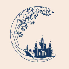 Vector emblem with a medieval castle and floral weaving of lines and leaves. Medieval architecture. Vintage and floral backgrounds.