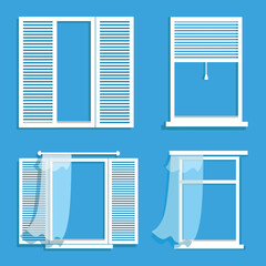 Vector set of white windows with shutters, blinds and tulle. Elements of architecture. Window frame.