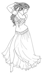 Hand-drawn illustration of belly dancer. Black and white images on white background.