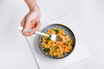 Italian spaghetti on fork close up