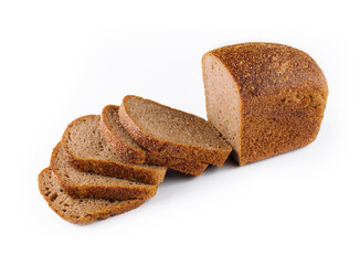Black bread closeup on white with slice