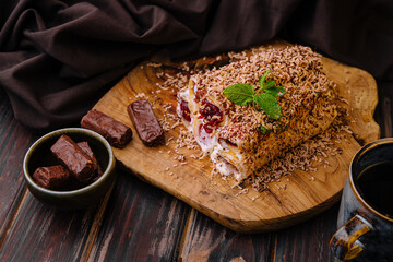 Sour cherry cake with chocolate and cream