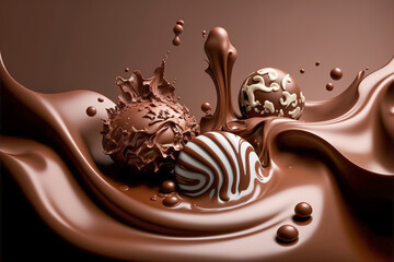 Chocolates dropping into liquid cacao chocolate - 550867693
