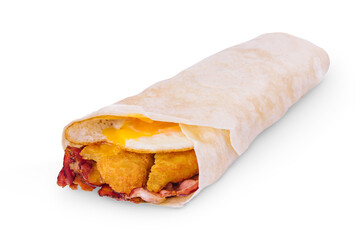 shawarma with eggs, nuggets and bacon on white
