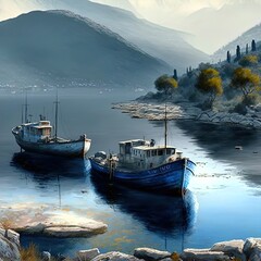 Painting of boats docked at sunset. Peaceful calming image. 