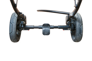 Broken chassis of a baby stroller, damage to the crossbar of the metal frame of the pram, isolated...