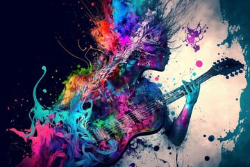 Drawing of person with guitar erupting with creativity and artistic musical energy - obrazy, fototapety, plakaty