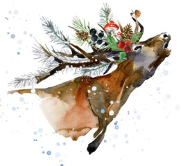 Christmas Reindeer. watercolor winter forest animal. holidays background. Happy New Year card design