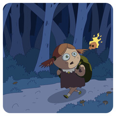Frightened girl in the forest at night and a burning skull