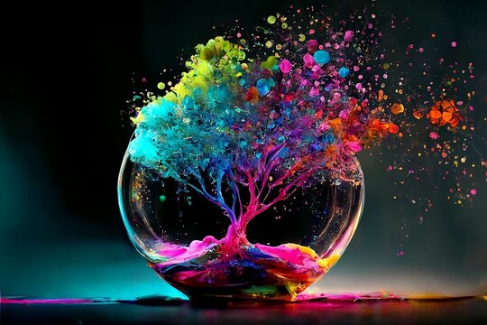 Abstract colourful paint explosion in a glass bowl