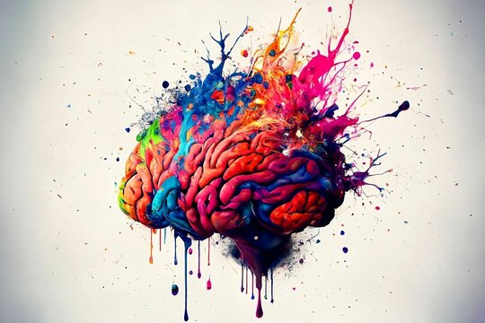 Brain exploding with creativity and imagination with rainbow coloured paint energy against white background