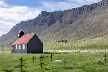 Saurbaejarkirkja church near Raudisandur Beach, in Westfjords Iceland