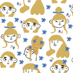 Vector seamless pattern with romantic girls with blond hair. Spring girls characters with blue flowers on white background. Vector illustration