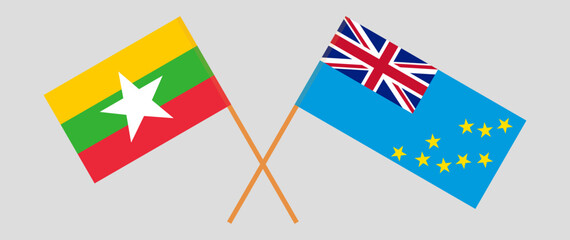 Obraz premium Crossed flags of Myanmar and Tuvalu. Official colors. Correct proportion