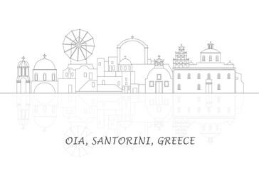 Naklejka premium Outline Skyline panorama of village of Oia, Santorini, Cyclades Islands, Greece - vector illustration