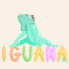 An educational iguana cartoon character with the name of the animal. Isolated vector illustration.