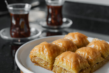 Turkish sweet - pistachio baklava and Turkish tea.