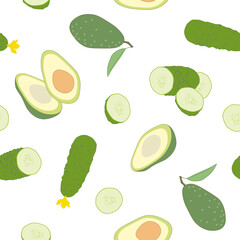 Pattern seamless illustration with fresh bright vegetables avocado and cucumber whole and in section, vector isolated on white background.