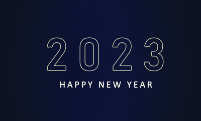 2023 Happy New Year greeting card lettering white and dark blue background