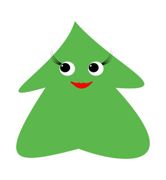 Christmas tree, cartoon cute funny character - fir tree with eyes and lips, simple flat vector icon isolated on white background