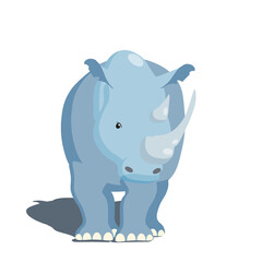Cartoon gray blue rhinoceros character standing on white background with shadow, vector isolated