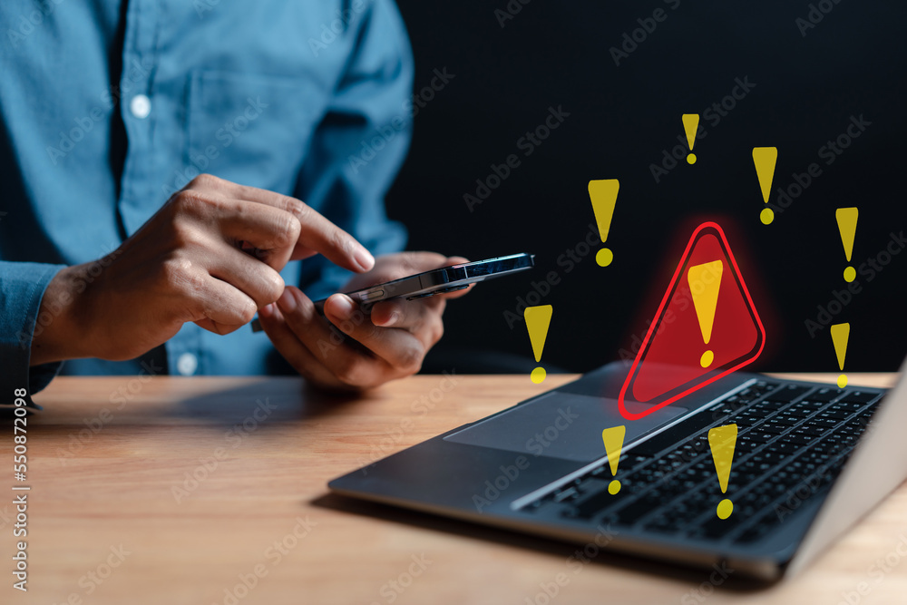 Poster System warning hacked alert, cyber attack on computer network. Cybersecurity vulnerability, data breach, illegal connection, compromised information concept. Malicious software, virus and cybercrime