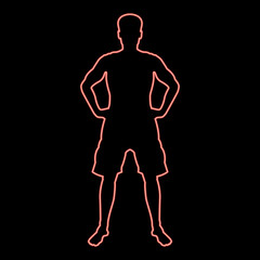 Fototapeta na wymiar Neon man holding hands on belt confidence concept silhouette serious master of the situation front view icon red color vector illustration image flat style