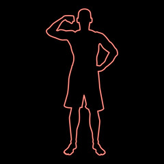 Neon bodybuilder showing biceps muscles bodybuilding sport concept silhouette front view icon red color vector illustration image flat style