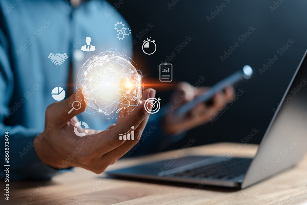 Poster businessman using computer planning development leadership and customer target group with business g