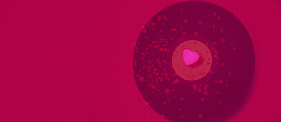  Vinyl record is decorated with heart on viva magenta background. Romantic atmosphere for Valentine's Day. Close-up, creative copy space