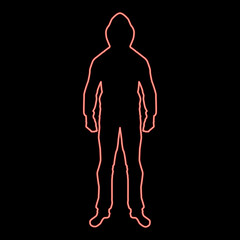Neon man in the hood concept danger silhouette front side icon red color vector illustration image flat style
