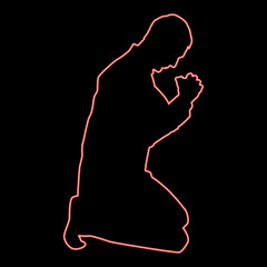 Neon man pray on his knees silhouette icon red color vector illustration image flat style