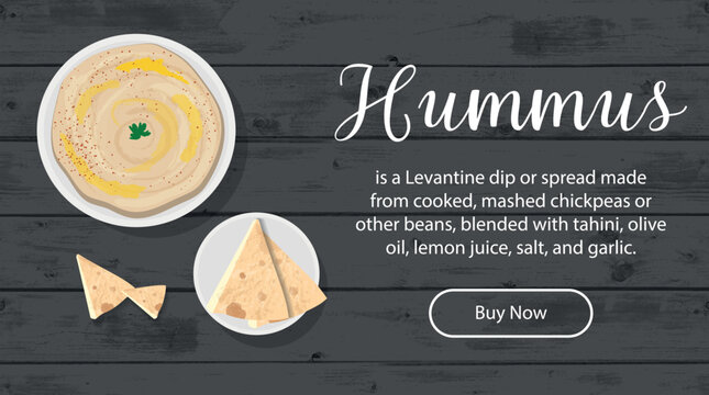 Middle Eastern cuisine - hummus with pita on wooden black table with inscription and button. Template for cafe, restaurant, advertising, website, banner. Vector illustration of arabic food
