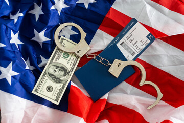 handcuffs and passport, flag of the USA