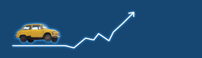 Growing arrow with a car model. Rising car sales or cost