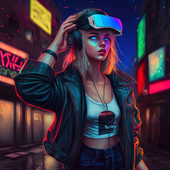Fototapeta premium Illustration of person wearing VR headset, cyberpunk vibe.