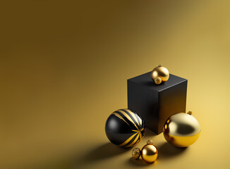 Luxury concept of black and yellow Christmas decoration balls and gifts on gold background. Copy space. Elegant New Year's creative concept.