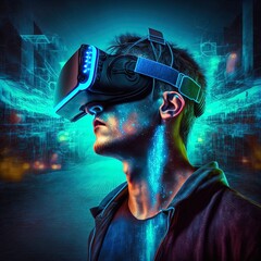 Illustration of person wearing VR headset, cyberpunk vibe.