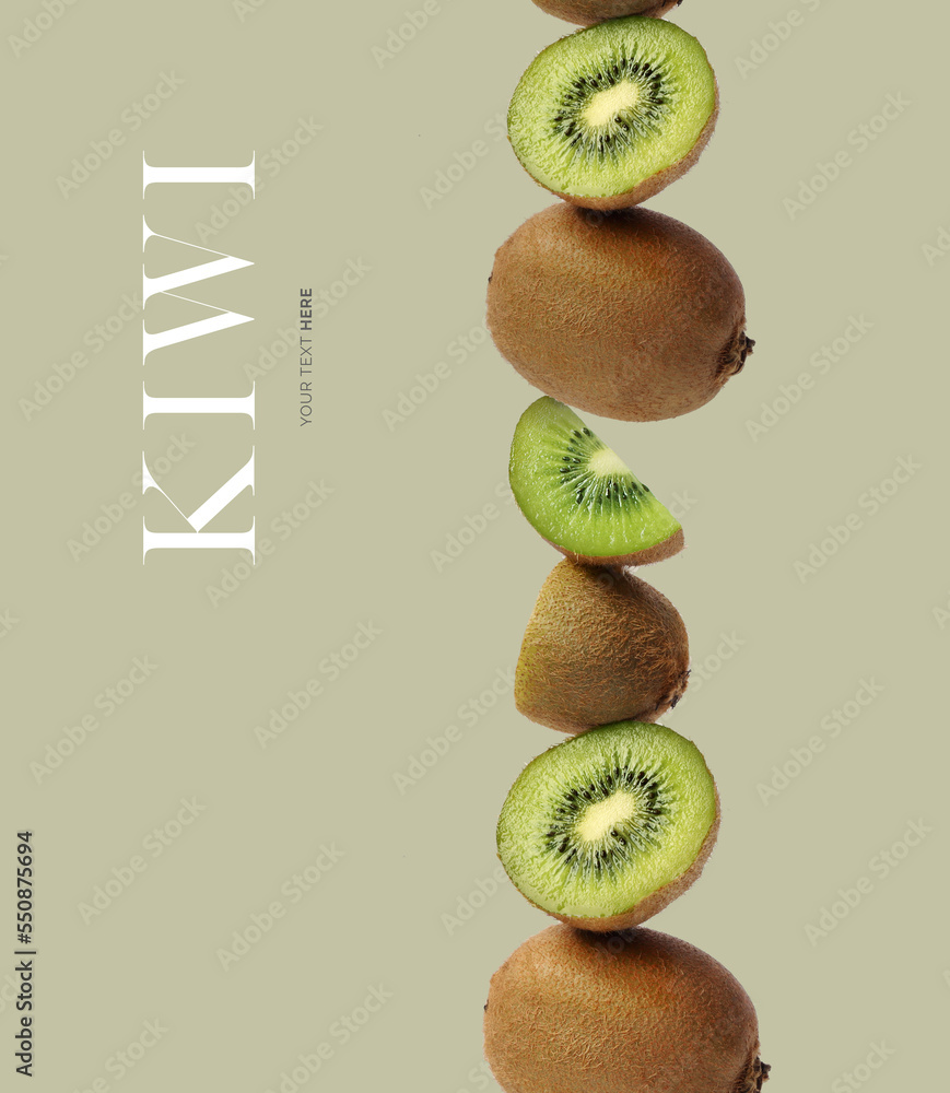 Wall mural Creative layout made of kiwi on the colorful background. Flat lay. Food concept.  