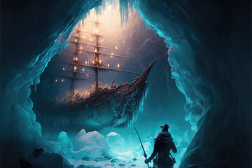AI generated image of an explorer discovering an ancient Spanish galleon laden with treasures hidden in an icy cave - obrazy, fototapety, plakaty